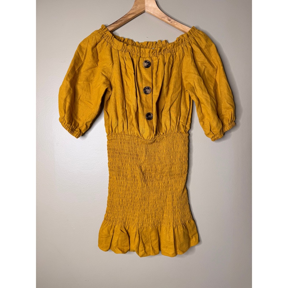 Zara Womens Mustard Yellow Linen Blend‎ Smocked Off Shoulder Puff Sleeve Top XS